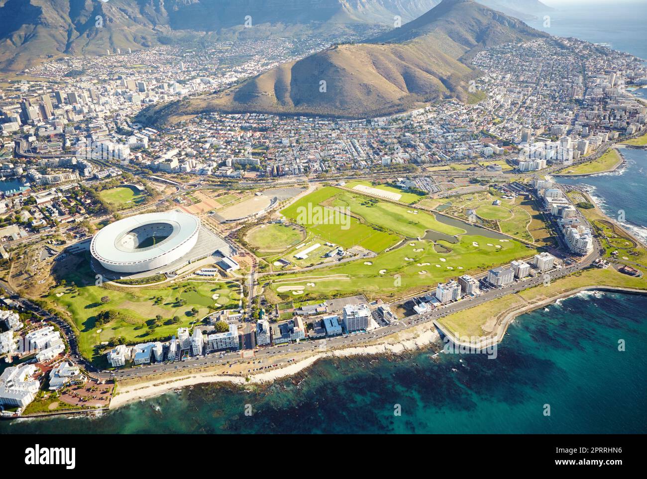 City and nature. Aerial shot of the city of Cape Town and the stadium. Stock Photo