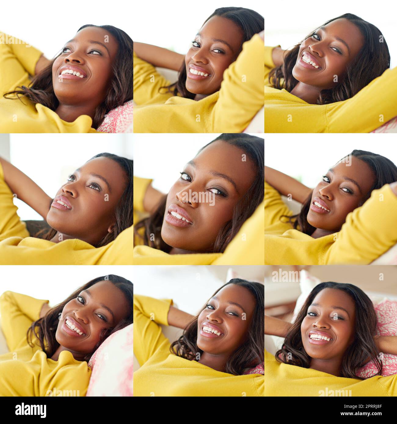The phases of relaxation. Composite shot of an attractive young woman relaxing at home. Stock Photo