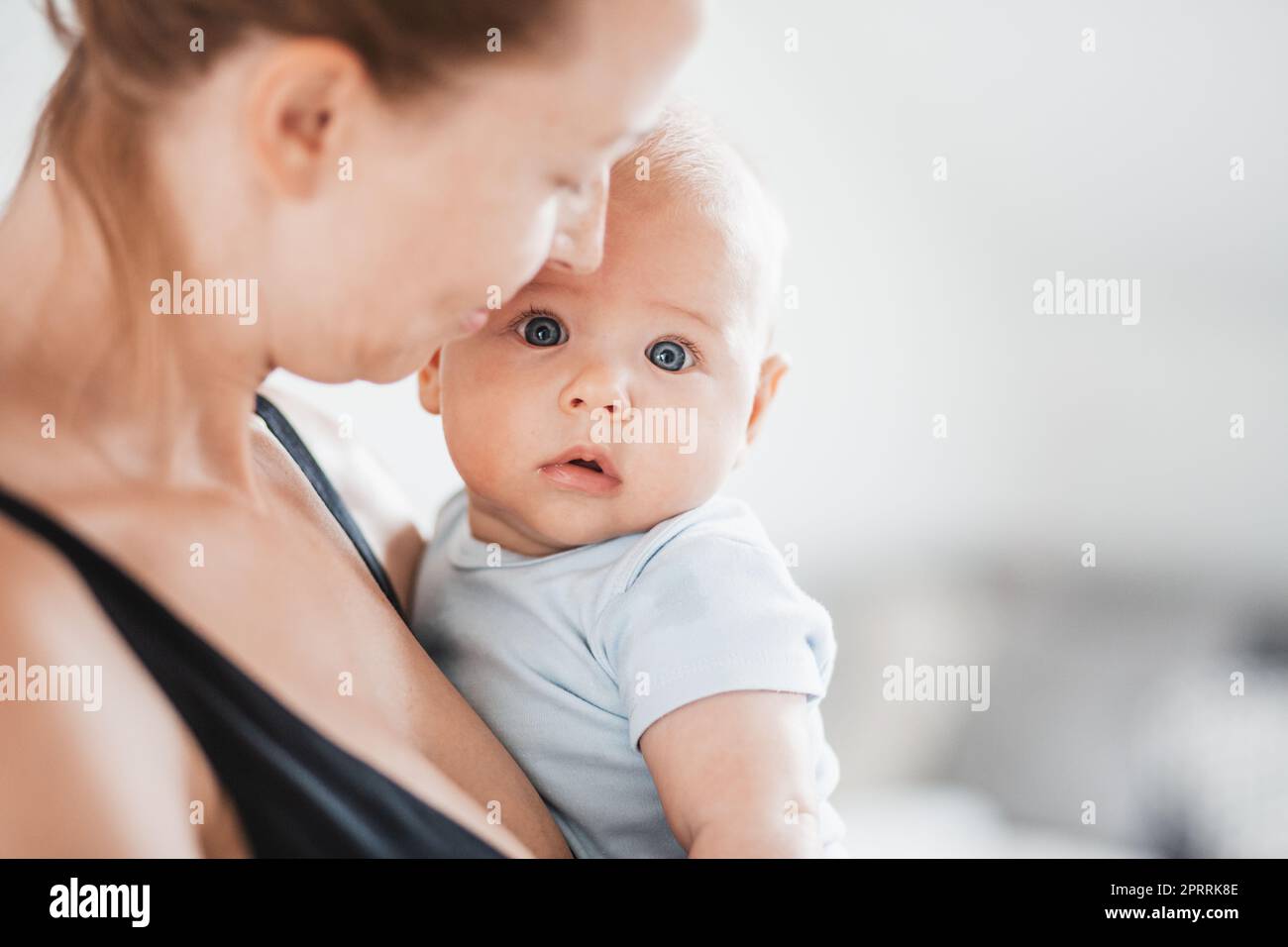 Portrait of sweet baby resting in mothers arms, looking at camera. New mom holding and cuddling little kid, embracing child with tenderness, love, care. Motherhood concept Stock Photo