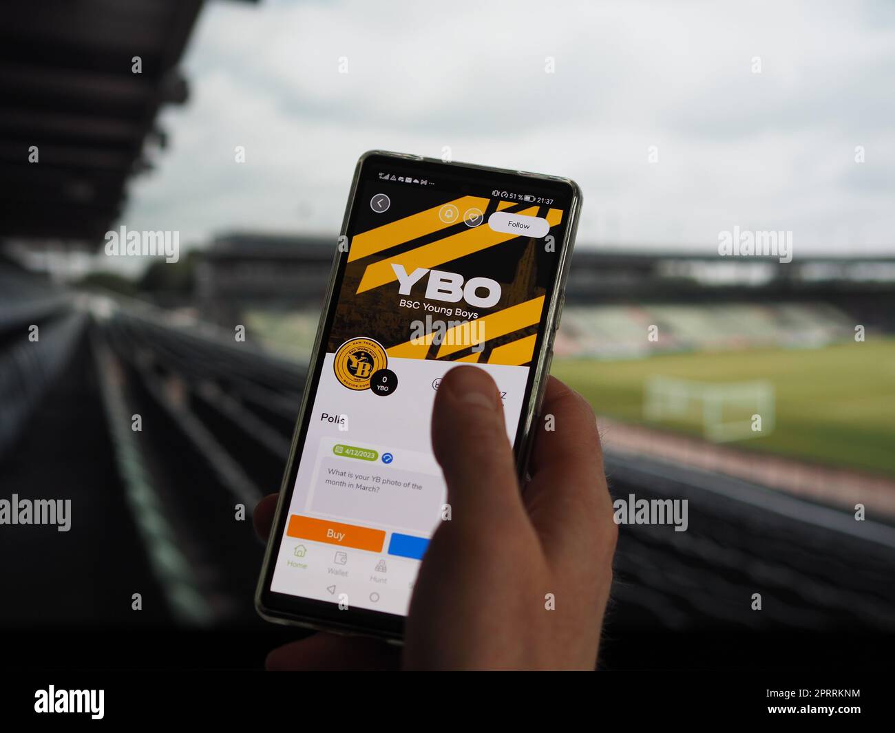 Apr 24th 2023. A fan of BSC Young Boys looks at his team's token YBO on Socios app, the marketcap of the Bern team nft on a screen. Stock Photo
