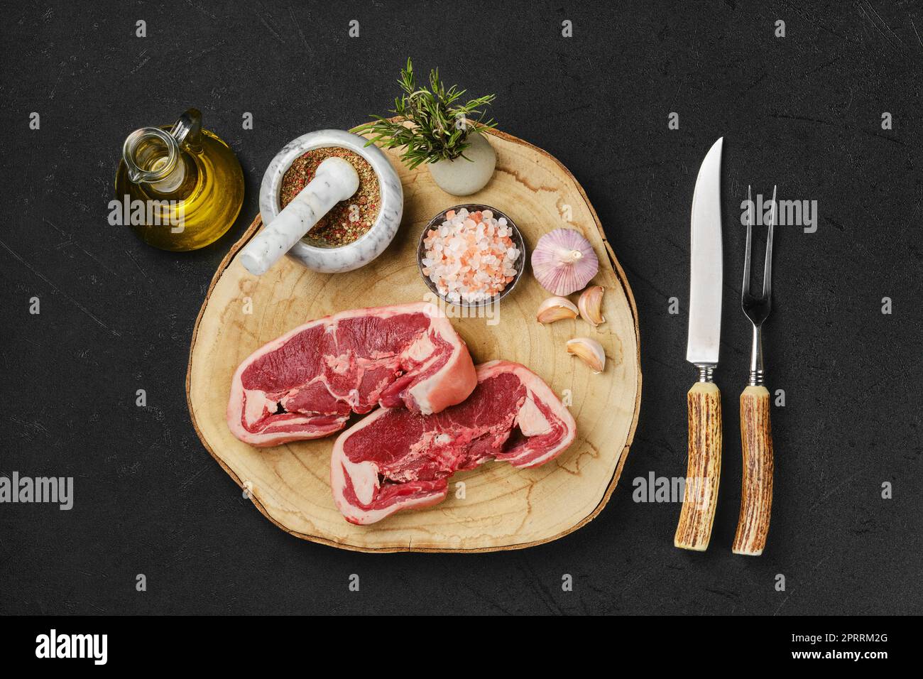 Top view of raw lamb double loin chop ready for cooking Stock Photo