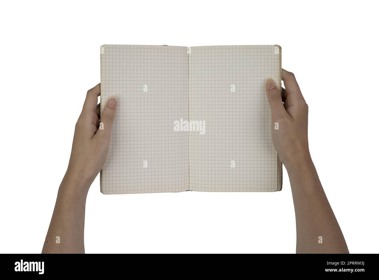 a blank squared notebook in female hands on a transparent background Stock Photo