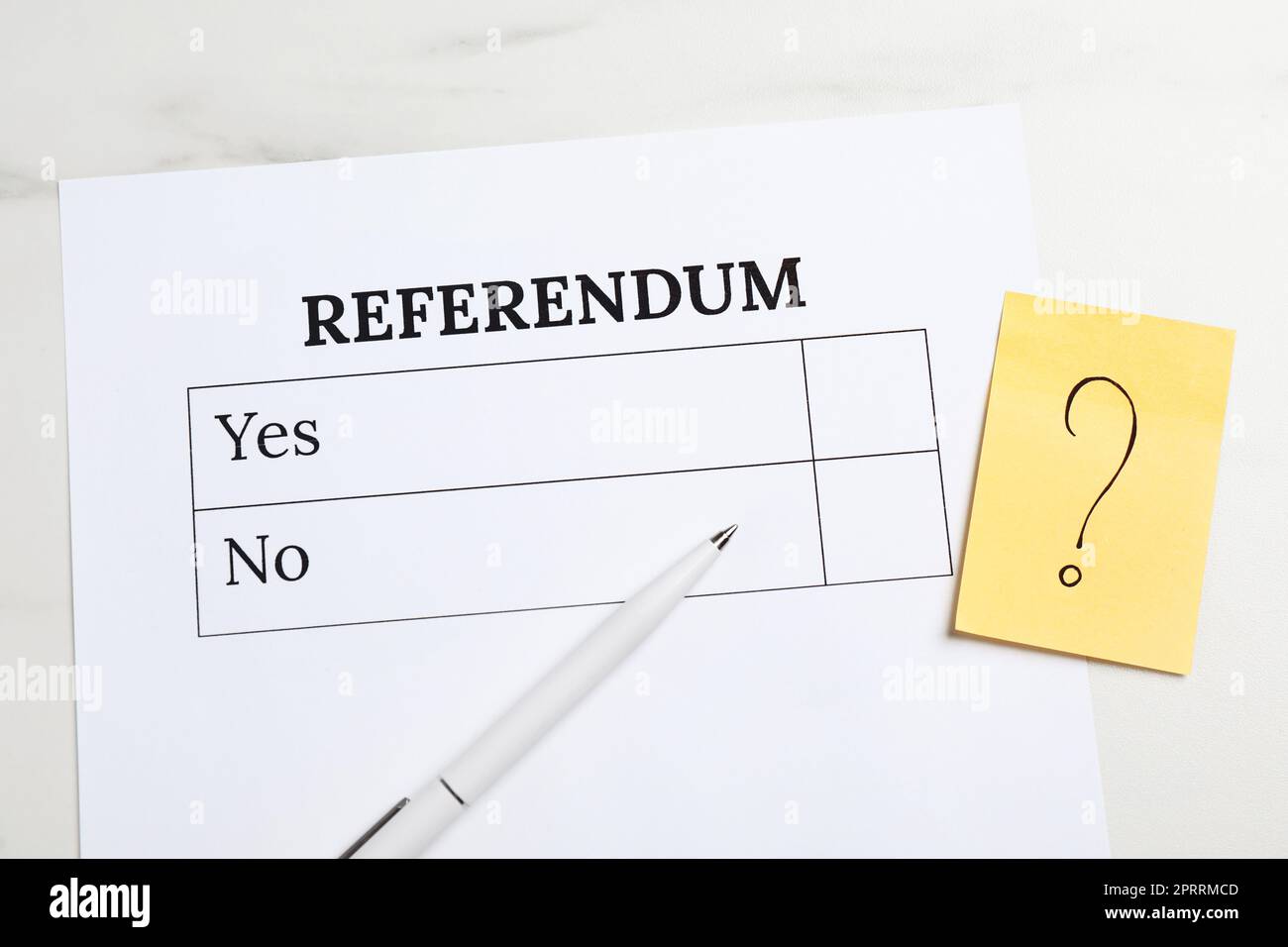 Referendum ballot, pen and sticky note with question mark on white ...