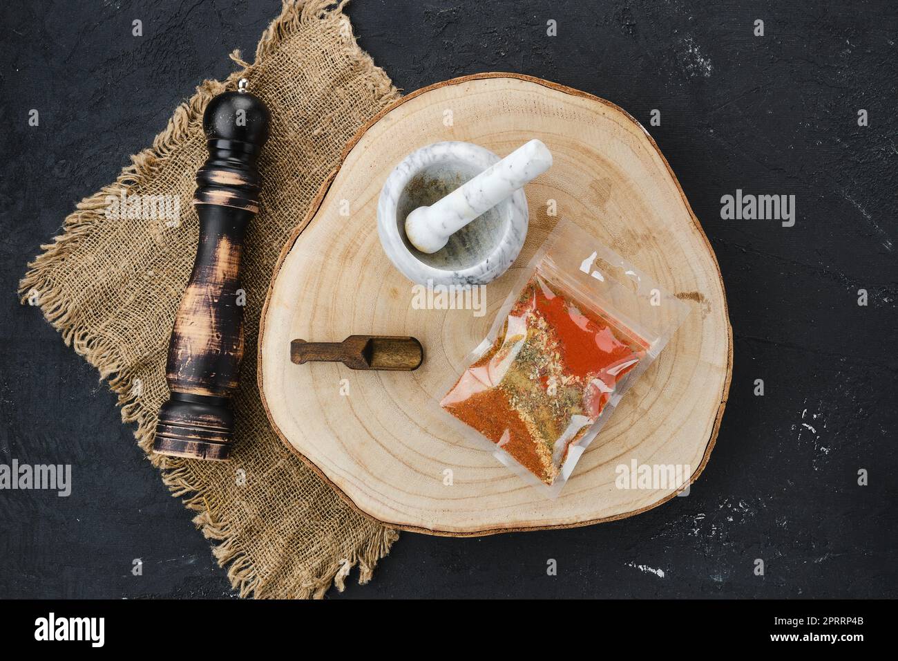 Top view of mixture of spices in plastic packaging Stock Photo