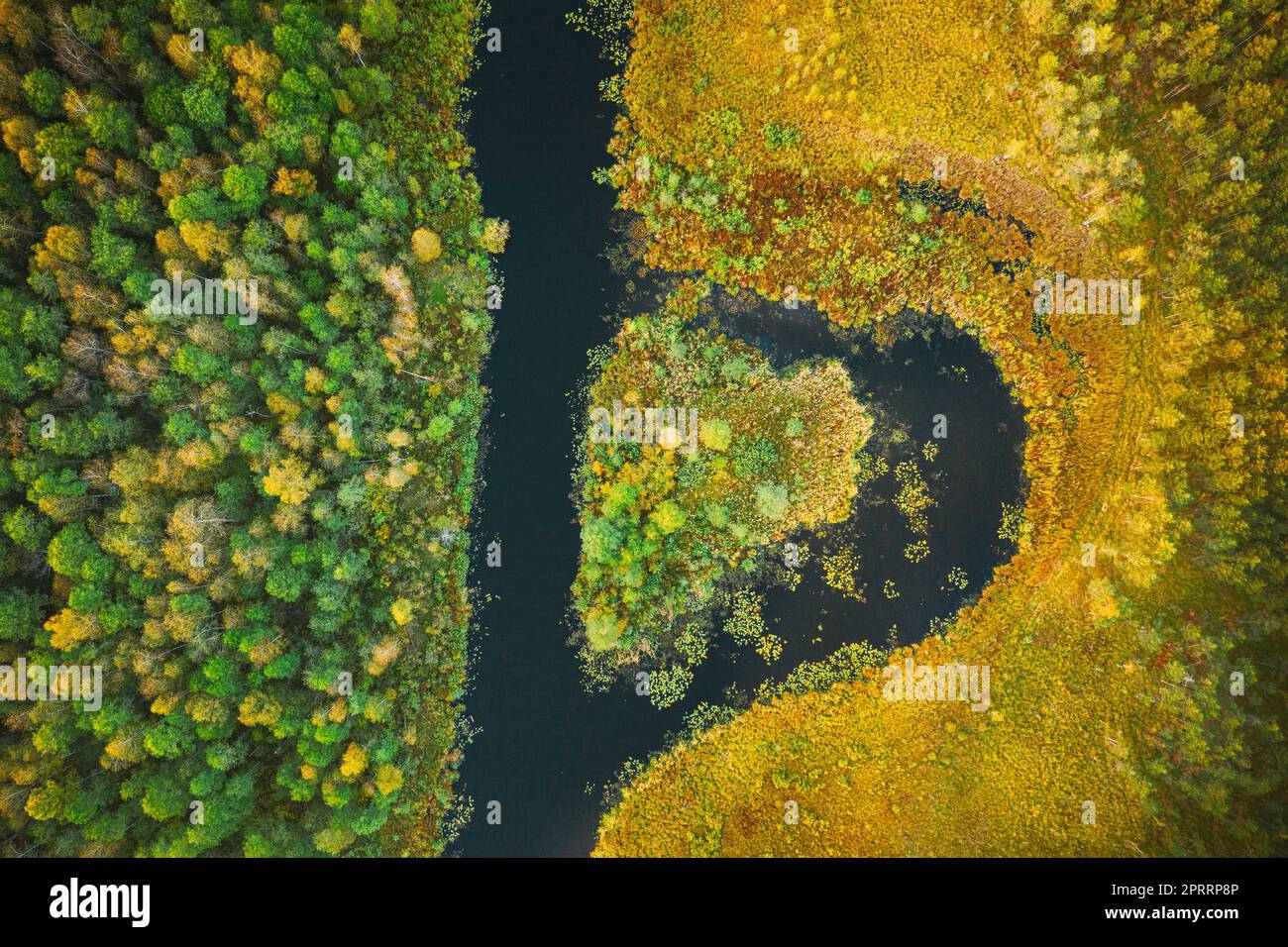Aerial View Of Summer Curved River And Natural Island In Heart Shape. Landscape In Autumn Evening. Top View Of Beautiful Nature From High Attitude In Summer Season Stock Photo