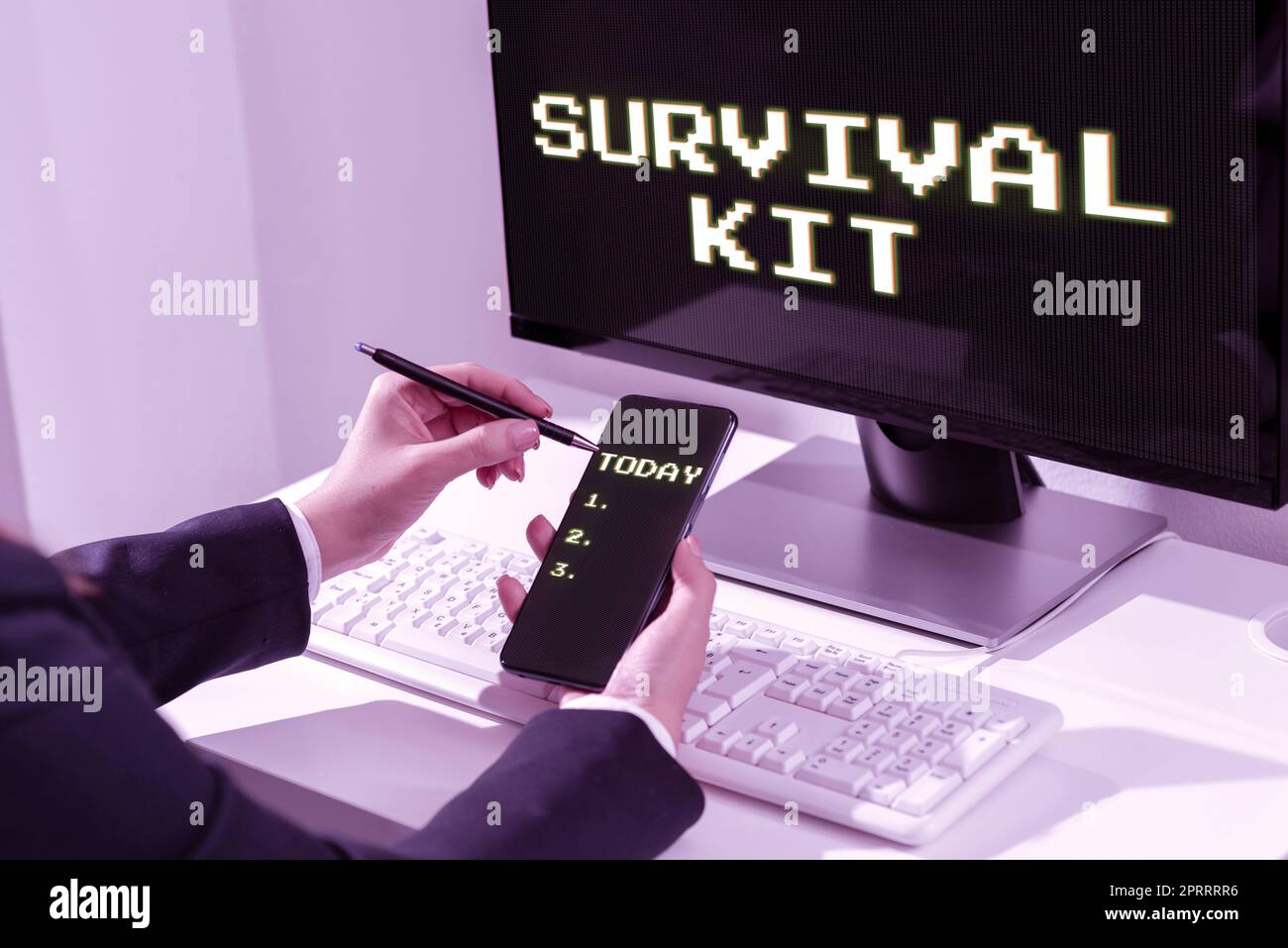 Handwriting text Survival Kit. Business approach Emergency Equipment Collection of items to help someone Stock Photo