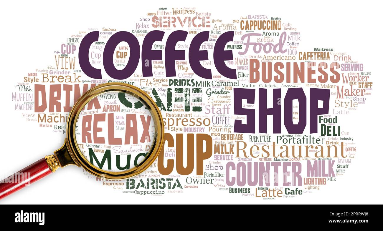 Big word cloud with words coffee shop with magnifying glass Stock Photo