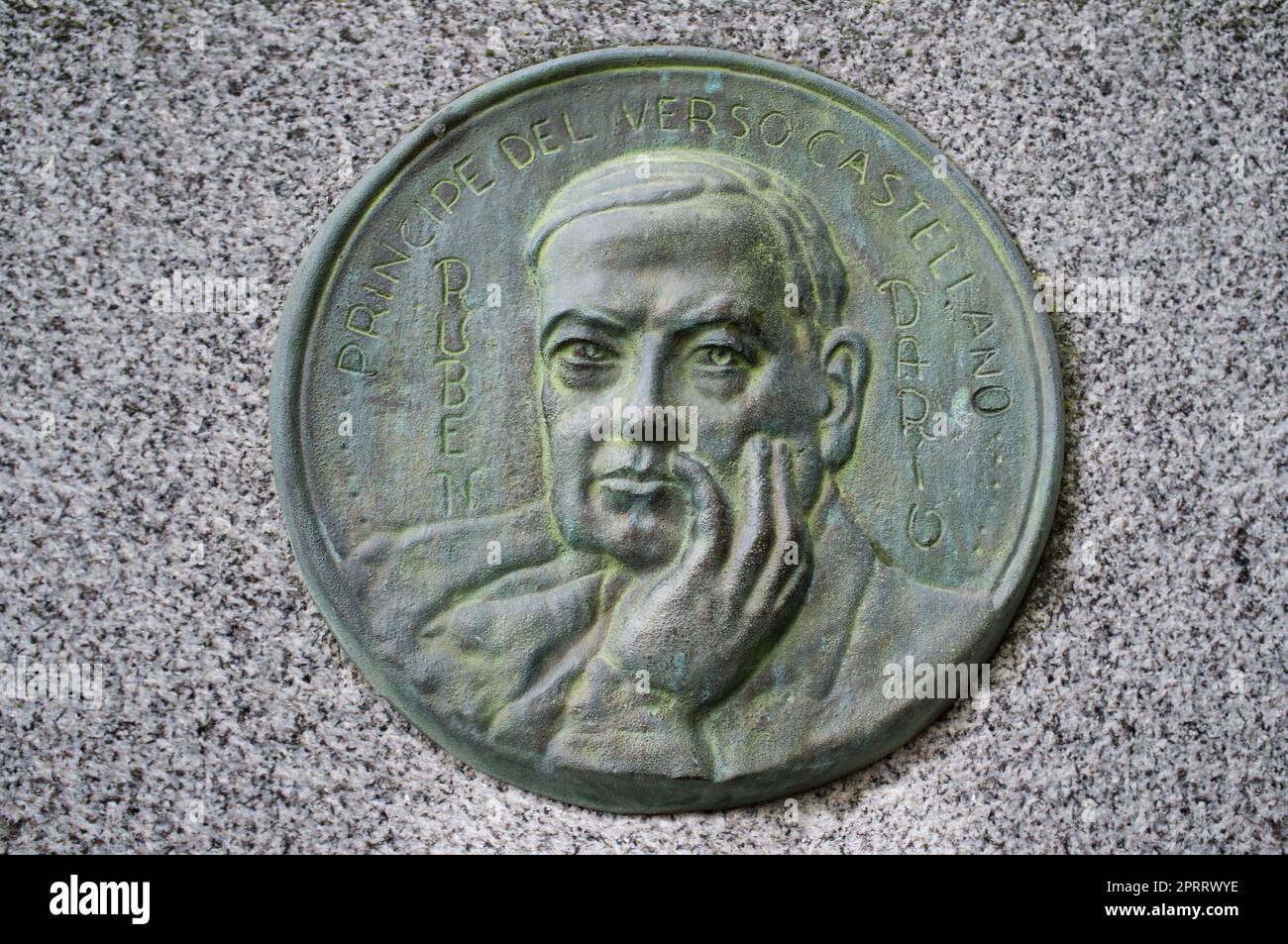 Caceres, Spain - Nov 26th, 2019: Ruben Dario bronze medallion at San Jorge Square, Caceres, Spain.  Nicaraguan poet who initiated the modernismo Stock Photo