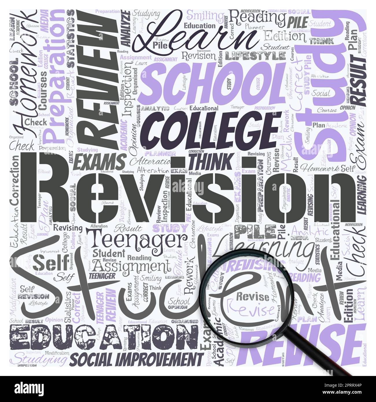 Word cloud in the shape of square with magnifying glass with word revision. Stock Photo