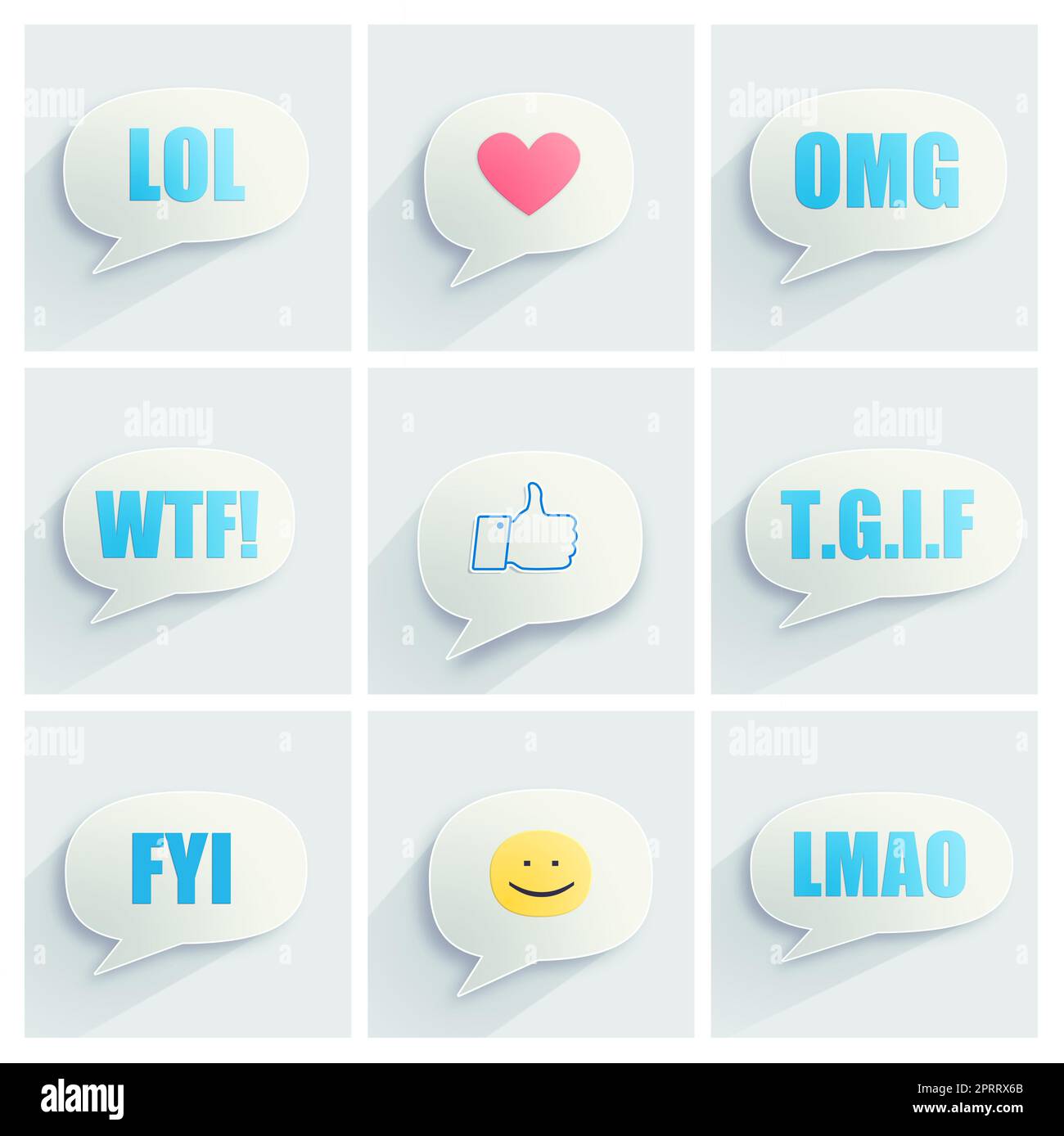 Most commonly used chat and online acronyms and abbreviations on a speech  bubble The acronyms included are wtf,brb,lol,imho,btw,  rotfl,fyi,thx,asap,omg,afk,bff,swak,lmao,2moro,2nite,l8r,dilligas,tmi, Stock vector
