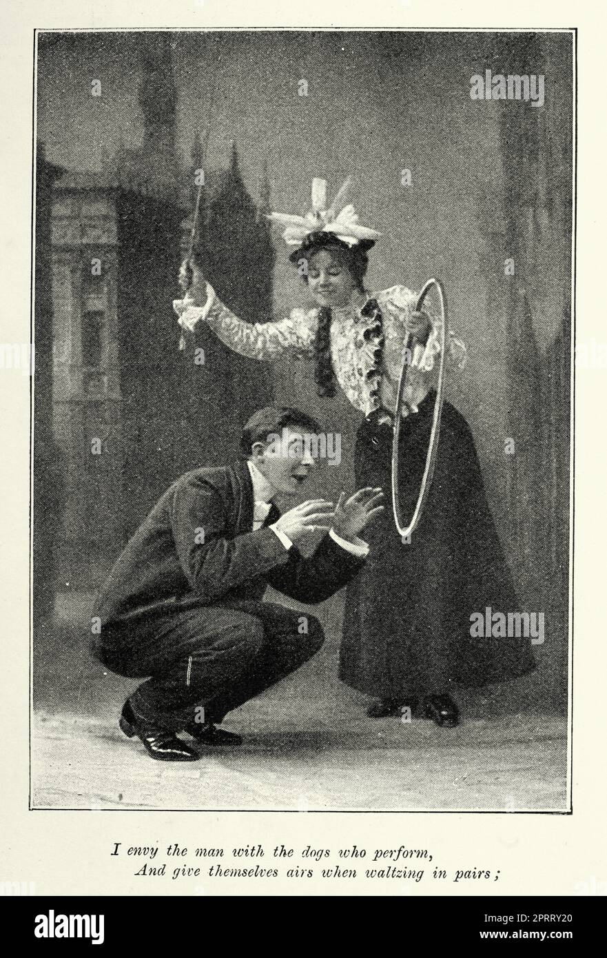 Vintage illustration of after a photograph of Dora rehearing a circus scene with Capel from the play The Circus Girl, musical comedy by James T. Tanner at the Gaiety Theatre. Set in Paris, the plot concerns a group of English tourists who get mixed up with a circus troupe. Two of the famous songs from the show are 'A Simple Little String' and 'The Way to Treat a Lady'. Ellaline Terriss and Seymour Hicks as Dora and Capel Stock Photo