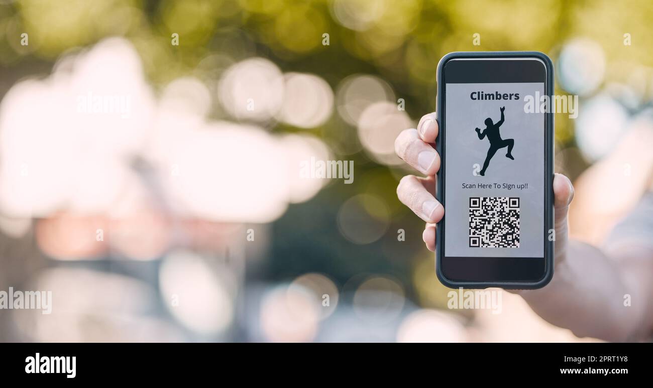 Qr code, adventure and rock climbing trail in nature sign up for trekking and hiking sports tech. Verification access for public safety and identification in fitness venue with phone app. Stock Photo