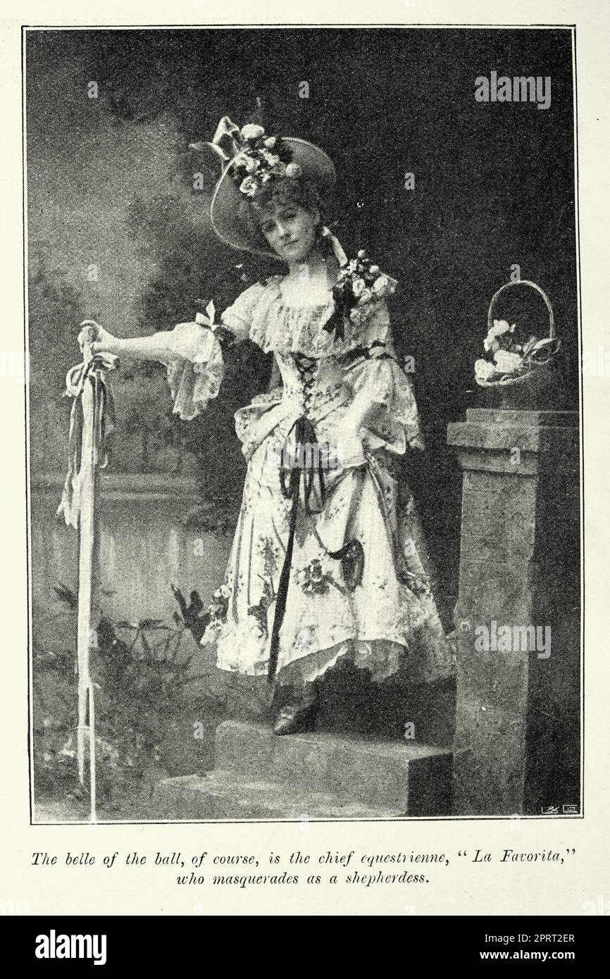 Vintage illustration of after a photograph of La Favorita masquerades as a shepherdess from the play The Circus Girl, musical comedy by James T. Tanner at the Gaiety Theatre. Set in Paris, the plot concerns a group of English tourists who get mixed up with a circus troupe. Two of the famous songs from the show are 'A Simple Little String' and 'The Way to Treat a Lady'.  La Favorita played by Ethel Haydon Stock Photo