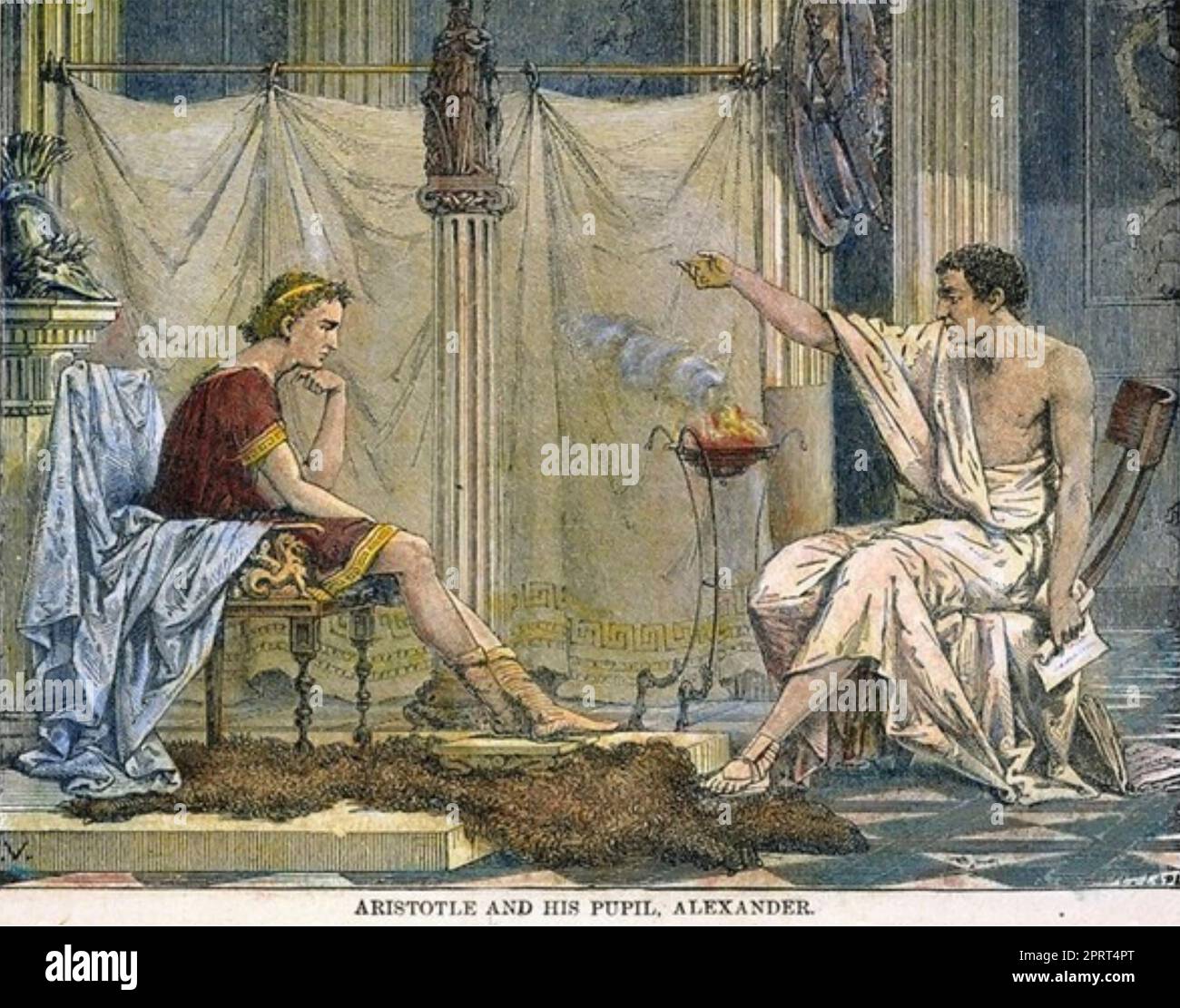 ARISTOTLE (384-322 BC) Greek philosopher at right teaching Alexander the Great in an 18th century illustration Stock Photo
