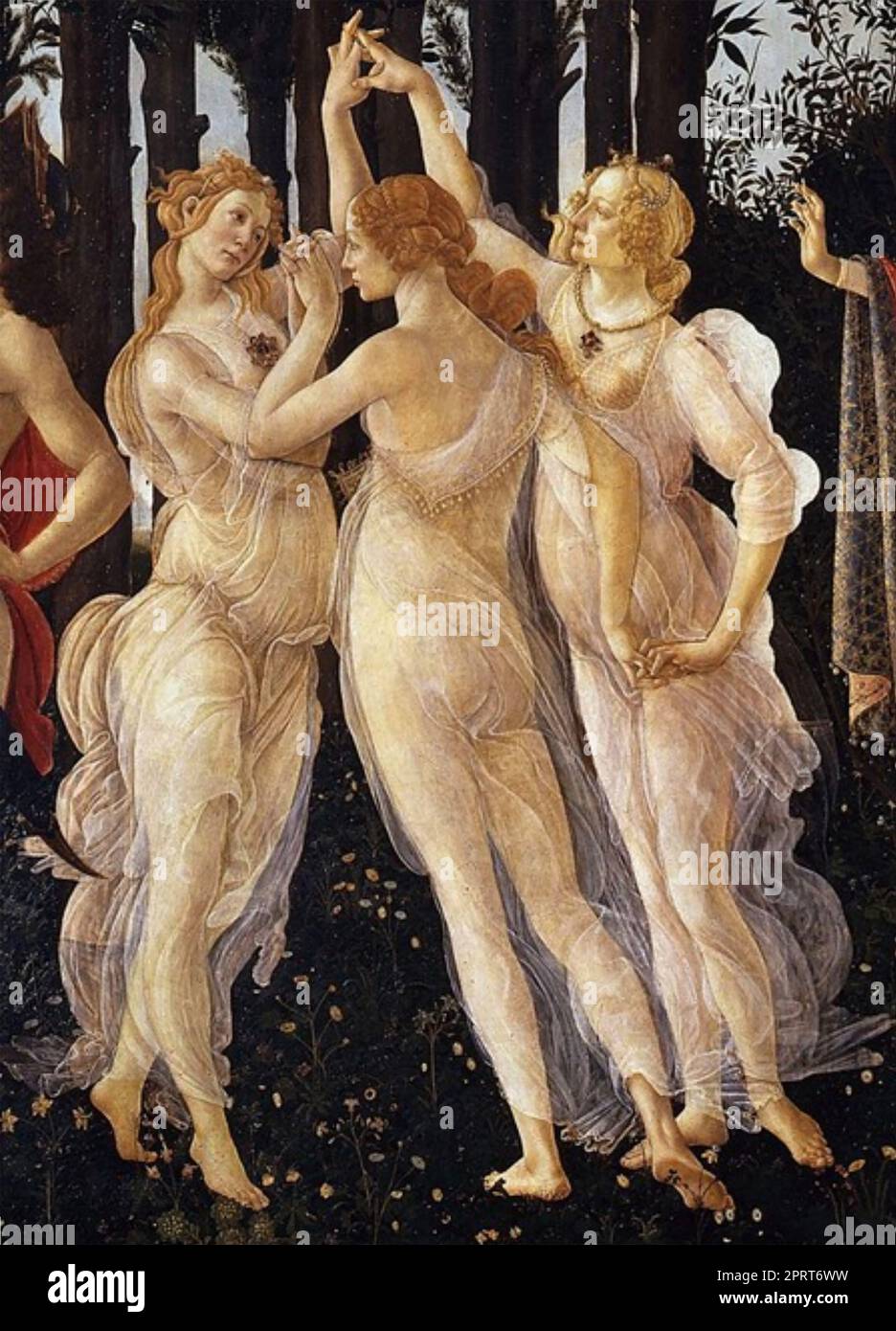 THE THREE GRACES as part of Sandro Botticelli's painting of Primavera (Spring) c 1482 Stock Photo