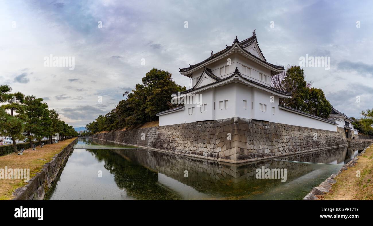 A panorama picture of the Nijo Castle's outer walls and its moat. Stock Photo