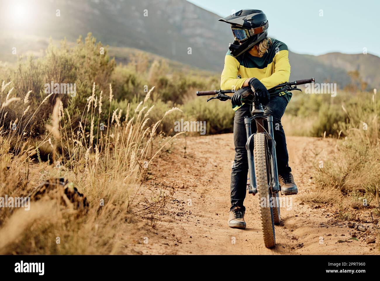 Mountain bike, sports and nature man in fitness adventure, travel and  journey in Australia dirt path for marathon, race or training. Cycling man  on bi Stock Photo - Alamy