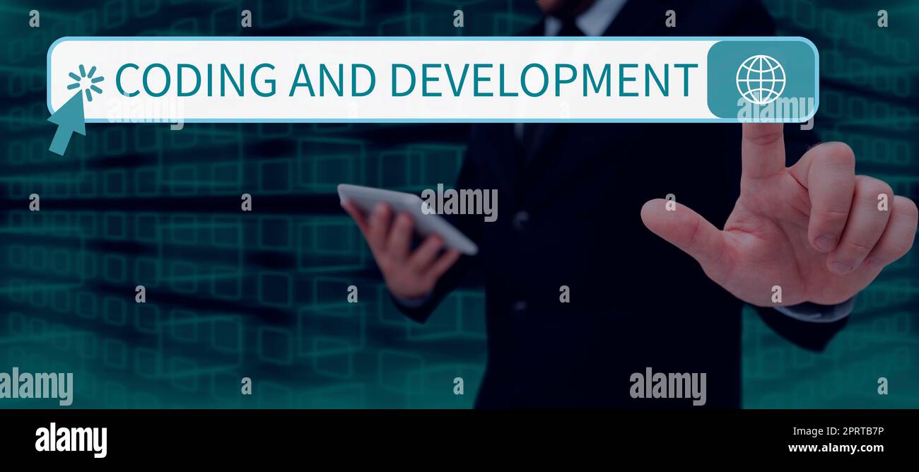 Text showing inspiration Coding And Development. Business overview ...