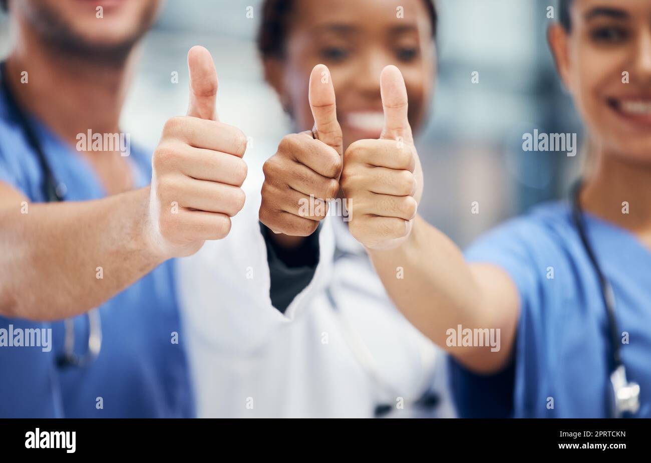 Doctors, nurses or thumbs up hands in success, teamwork collaboration