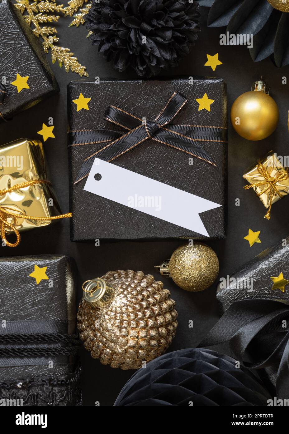 Black and golden Christmas Gift Boxes and ornaments, horizontal gift ...