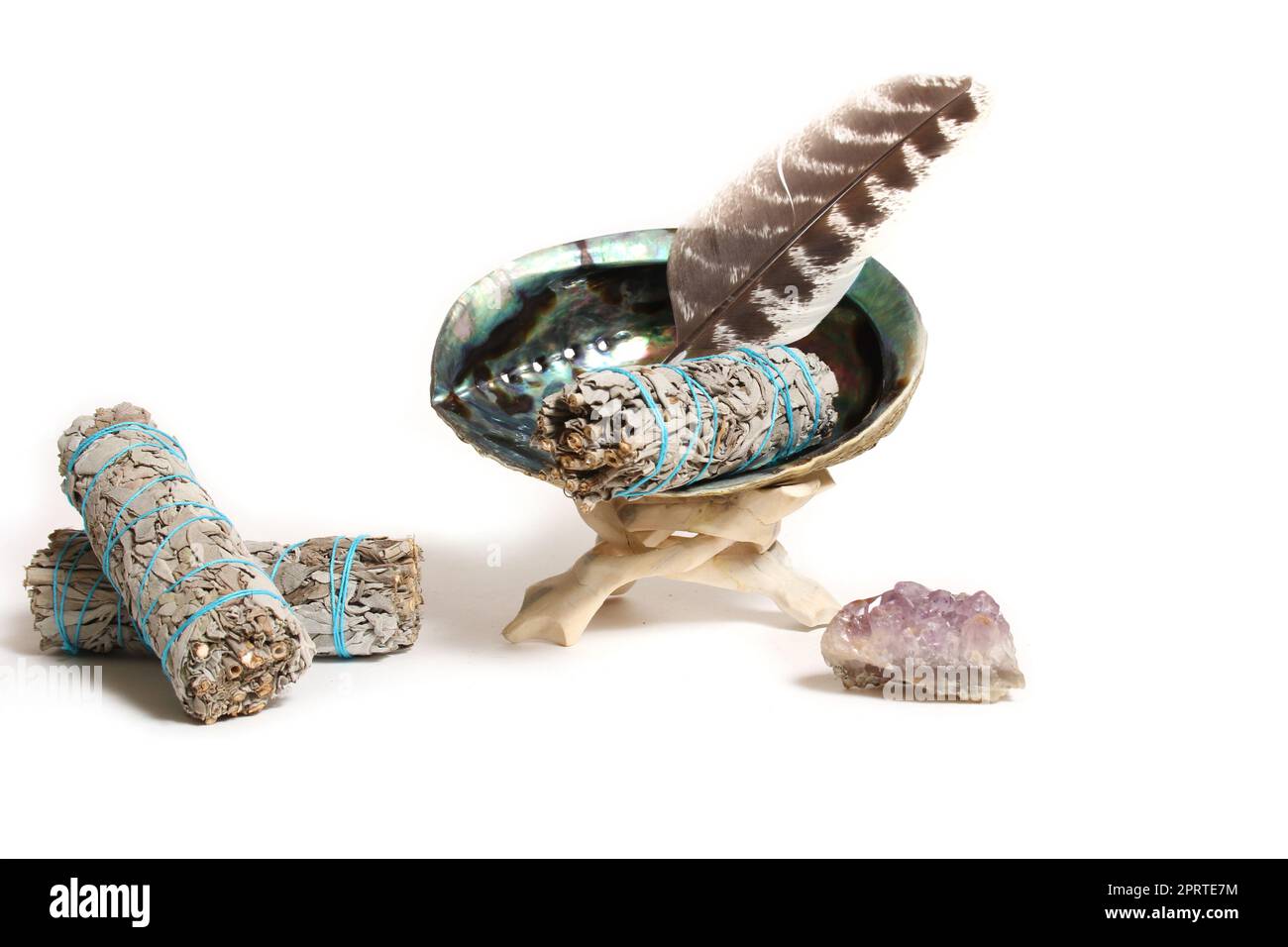 Abalone Shell With Sage Incense and Amethyst Stone For Cleansing and Purification Stock Photo