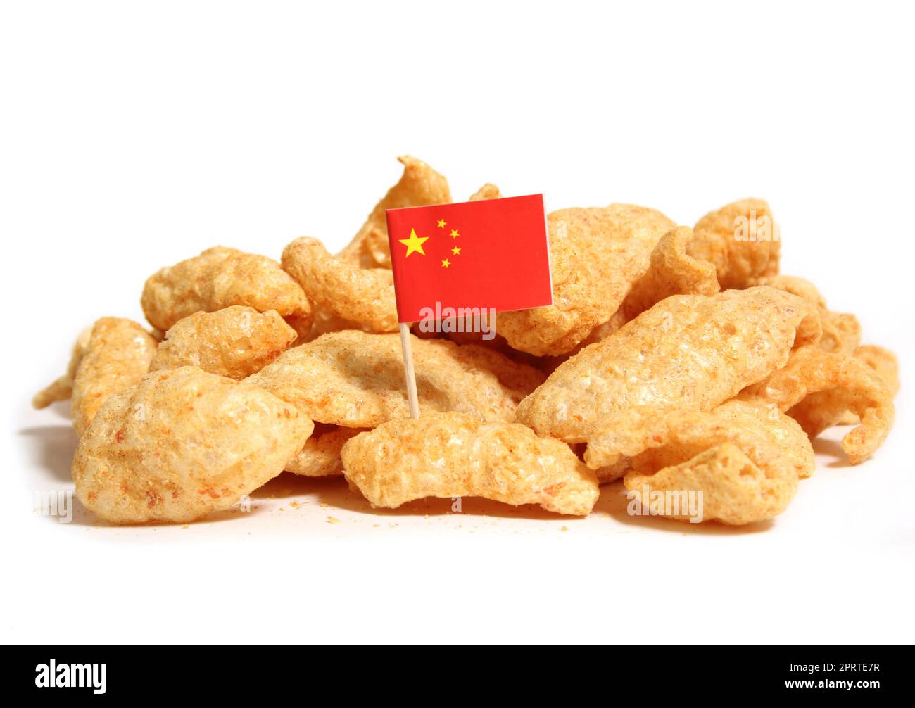 Fried Pork Skins With Flag of China on White Background Stock Photo