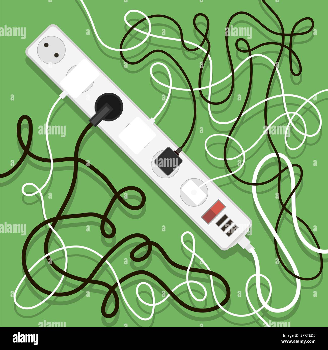 Electrical wires and chargers on green background. A mess of cables