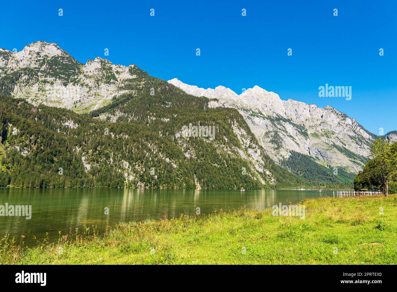 Lake Koenigssee with rocks and trees in the Berchtesgaden Alps, Germany