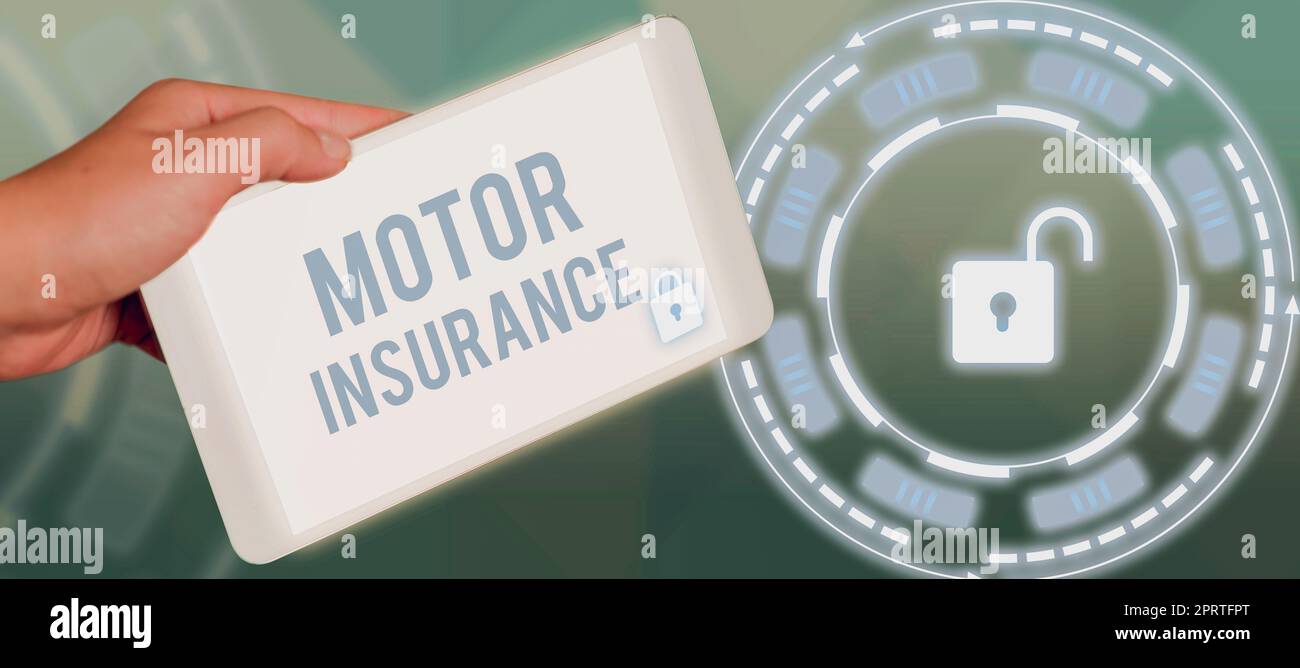 Hand writing sign Motor InsuranceProvides financial compensation to cover any injuries. Word for Provides financial compensation to cover any injuries Stock Photo