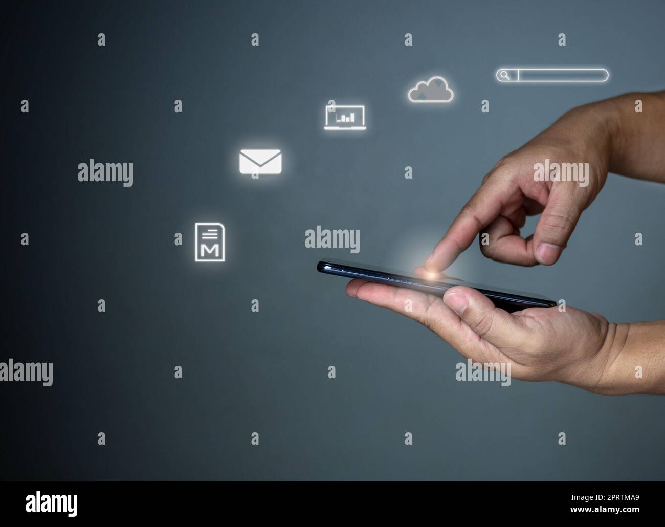 The phone is placed on the lid of the person hand. Communication technology concept. Stock Photo