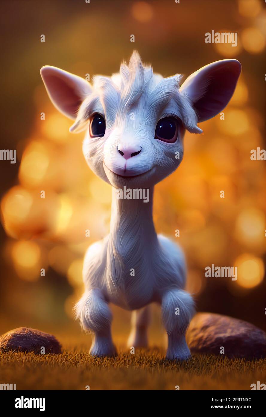 3d illustration of a cute adorable white baby goat. Animation style ...