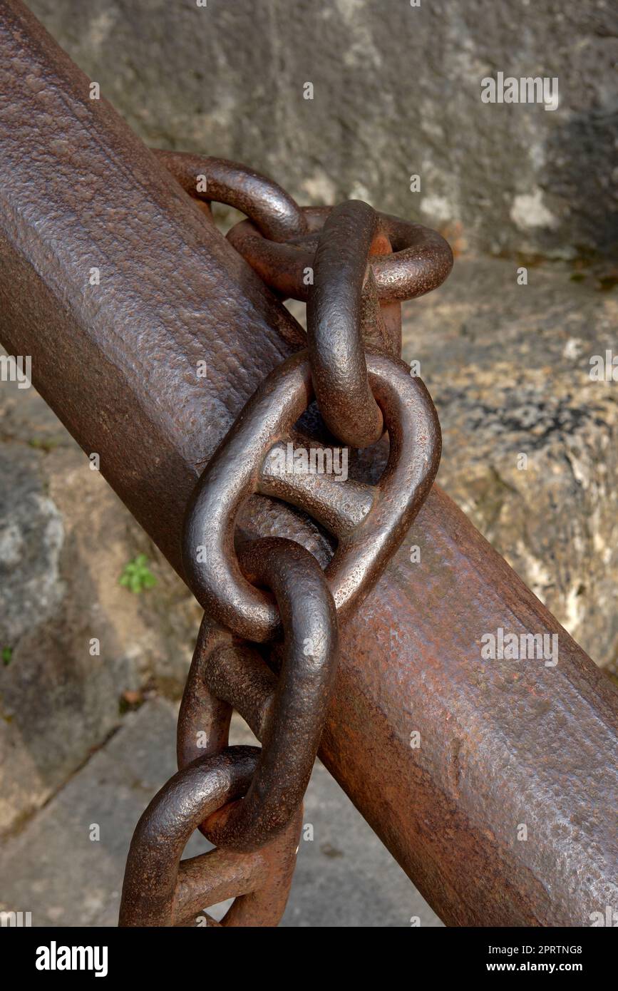 Chain links of a large ship anchor. Detail, out-of-focus