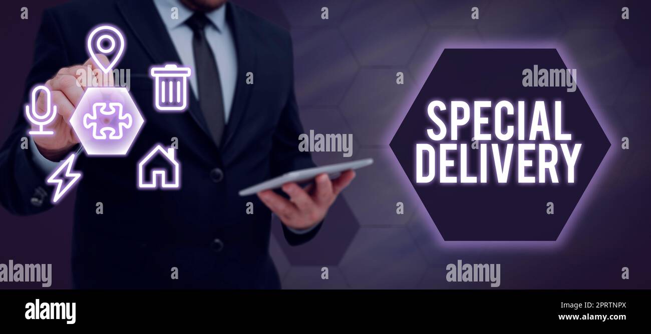 Inspiration showing sign Special Deliverygetting products or service directly to your home any place. Business concept getting products or service directly to your home any place Stock Photo