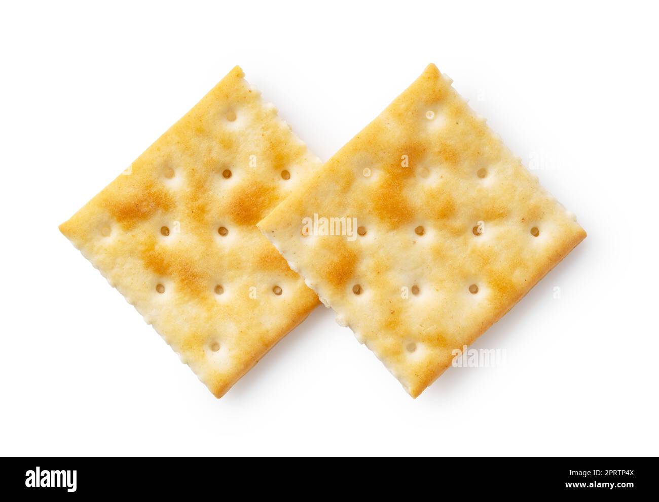 Two crackers placed on a white background. Viewed from above. Stock Photo