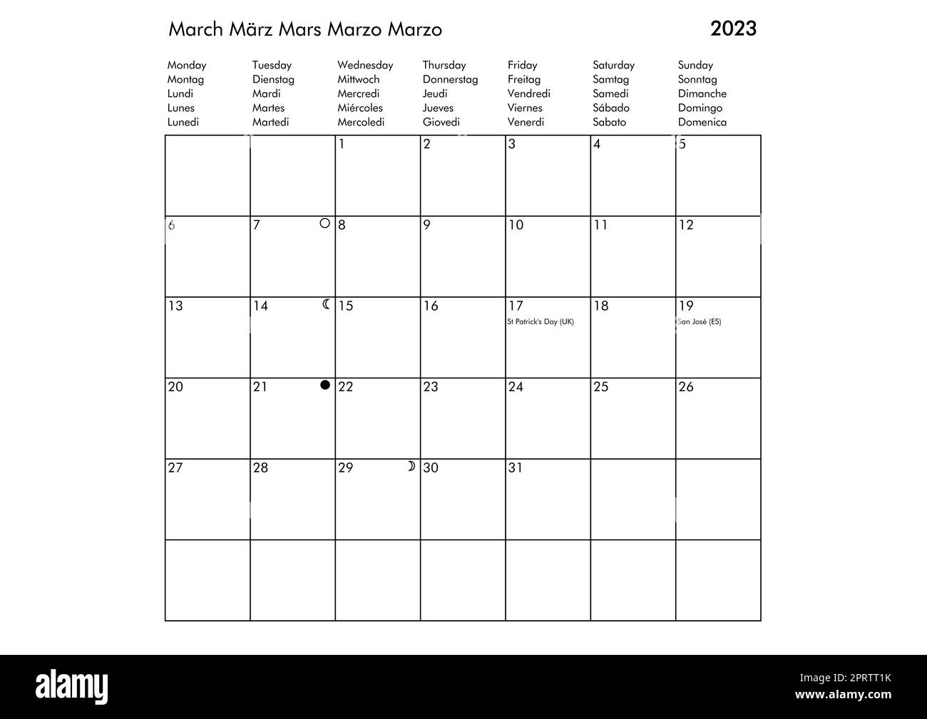 March Multilingual year 2023 calendar Stock Photo