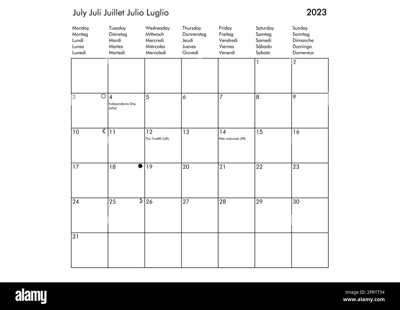 July Multilingual year 2023 calendar in English German French Spanish