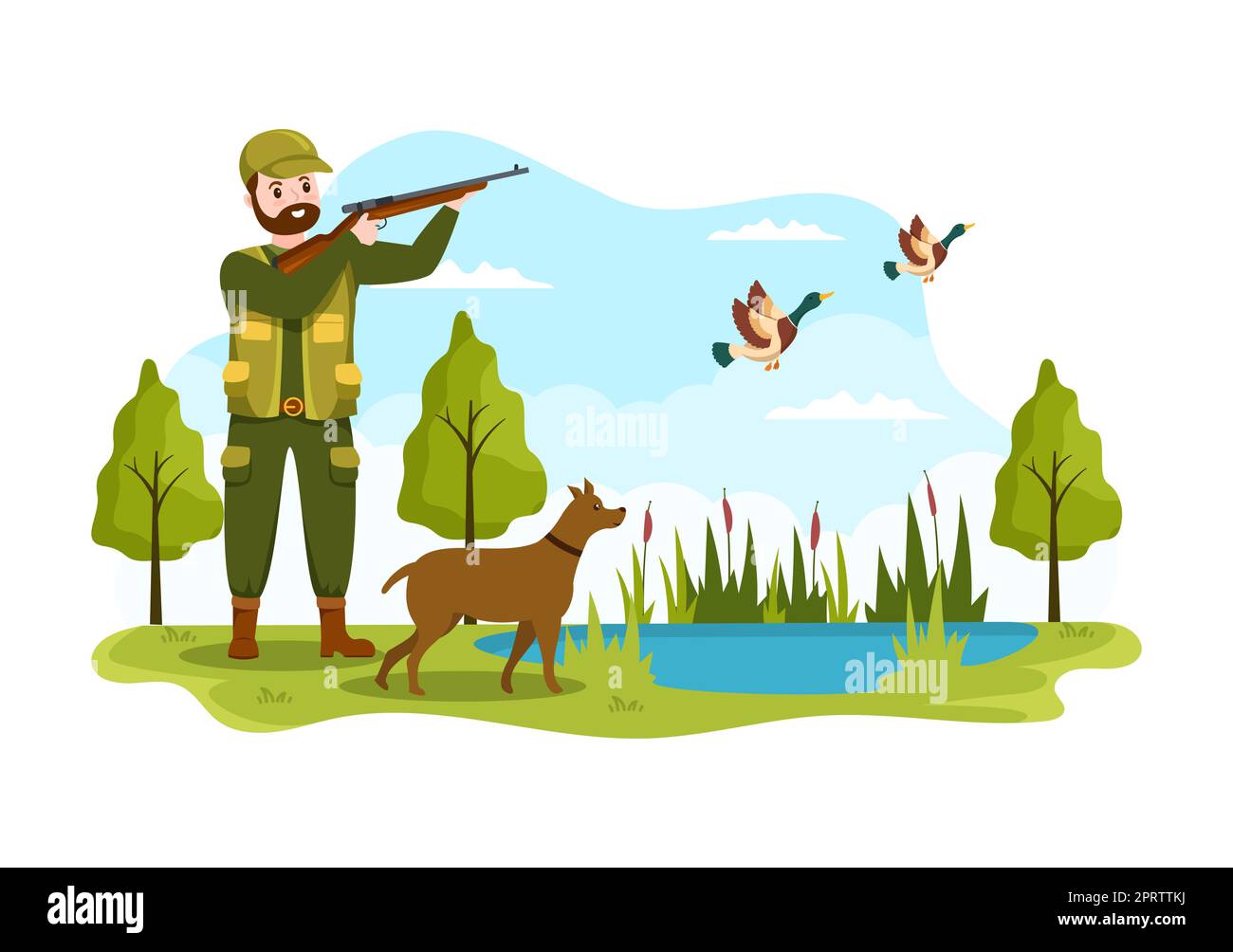 Hunter with Hunting Rifle or Weapon Shooting to Birds or Animals in the