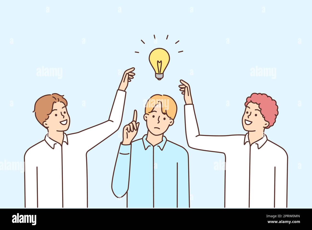 Pensive young man with light bulb above head generate idea, colleagues ...