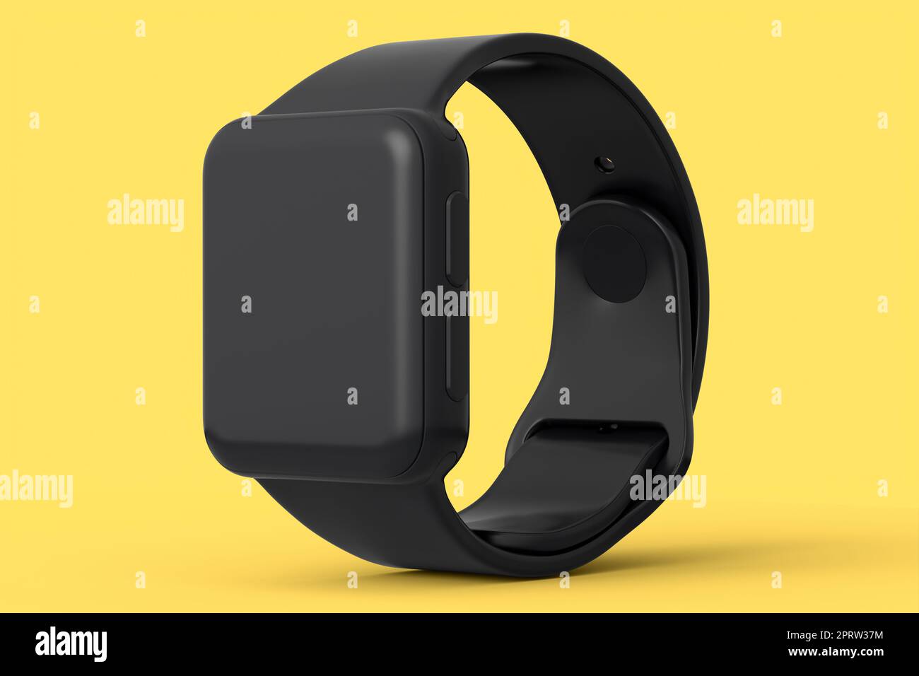 Smart watch with blue leather strap isolated on yellow monochrome background. 3D render concept of wearable device health and fitness tracker Stock Photo Alamy