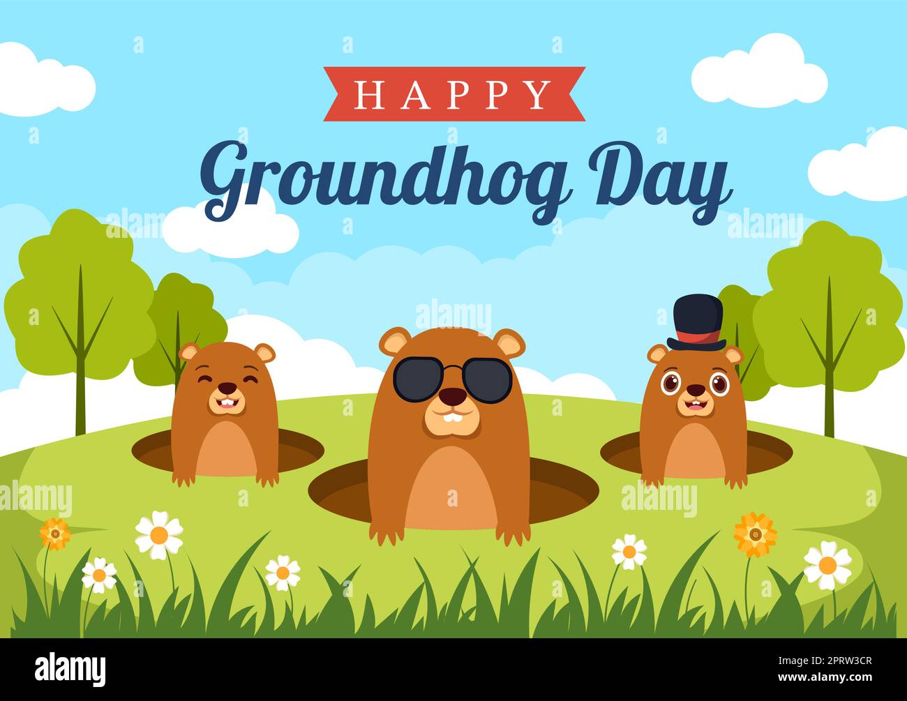 Happy Groundhog Day On February 2 With Cute Marmot Character And Garden Background Template Hand 8577