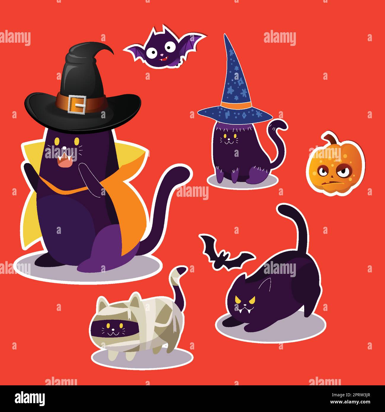Set of stickers purple cat in different poses with a pumpkin and bats Stock Vector