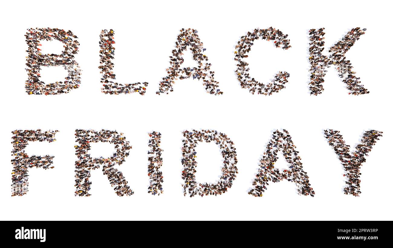 Concept conceptual large community of people forming BLACK FRIDAY slogan. 3d illustration metaphor for marketing, promotion, shopping, special price Stock Photo