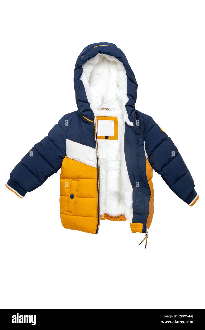 Winter jacket isolated. Stylish blue yellow cosy warm winter down jacket for kids isolated on a white background. Clipping path. Fashionable clothing for spring and autumn. Stock Photo