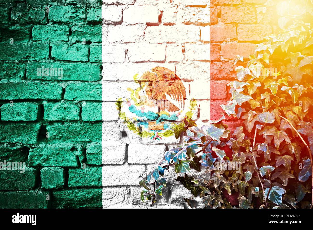 Mexico grunge flag on brick wall with ivy plant sun haze view Stock Photo