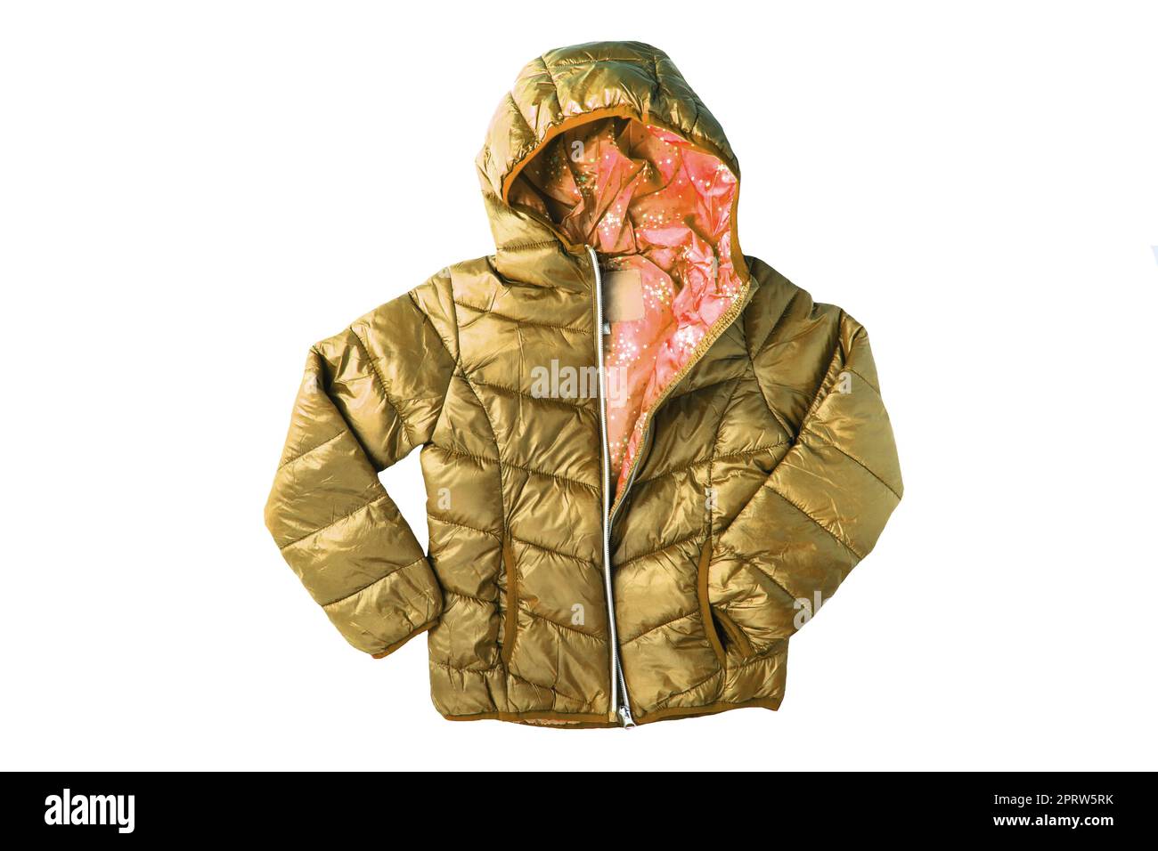 Down jacket for children. Stylish golden cosy warm winter down jacket for kids isolated on a white background. Autumn and winter fashion. Stock Photo