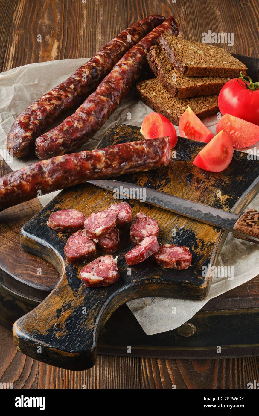 Dried sausage made of venison meat and lard Stock Photo