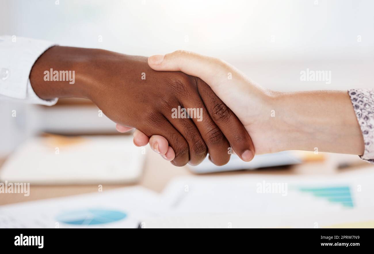 Welcome shaking hands, business meeting and consulting contract deal, agreement and partnership collaboration in office. Handshake for team promotion, hr opportunity and support in b2b sales success Stock Photo