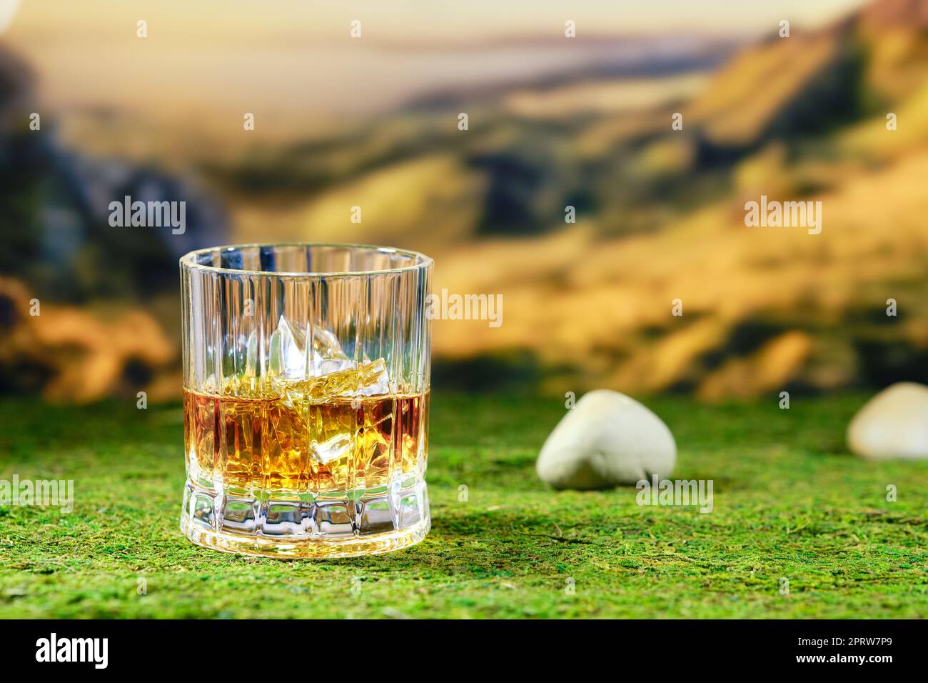 Glass of strong scotch single malt whisky on mossy background Stock Photo