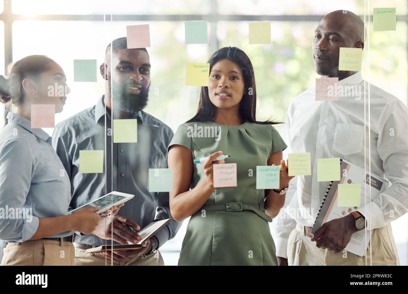 Sticky notes, meeting and teamwork with diversity in the workplace