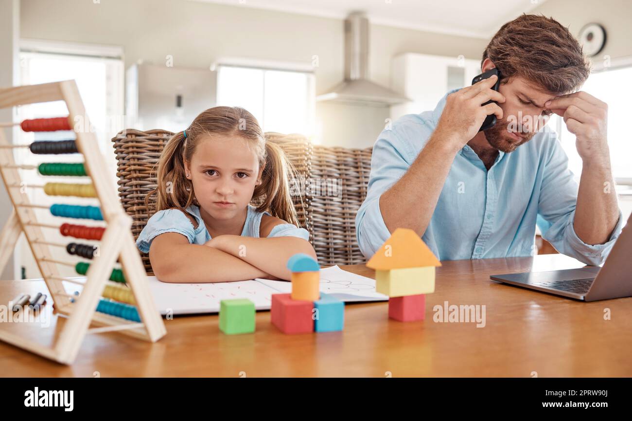 Girl with homework angry, father stress for remote work or online task on laptop in living room. Child upset as dad working from home on internet, kid wants attention or time to play as family Stock Photo